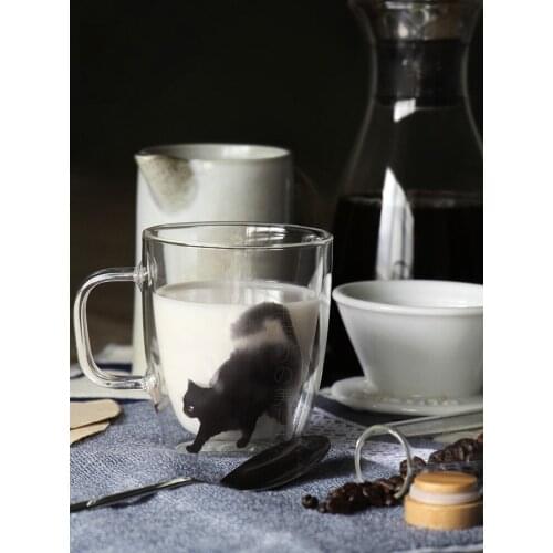 Simple Home Glass Female Double-Wall Insulated Cup Coffee Cup Cat Art Mug Cup