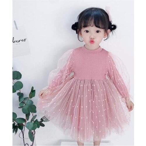 Puff Sleeve Baby Girls Sequins Net Gauze Dress for Children Cute Clothes Princess Kids Wool Knitted Mesh Dresses