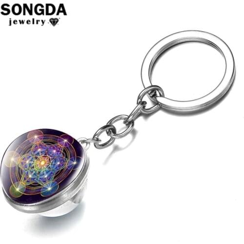 SONGDA Sacred Geometry Metatron Cube Spiritual Keychain Magic Hexagram Flower of Life Double Sided Glass Ball Key Chain Llaveros