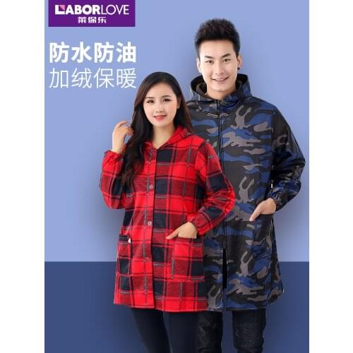 Plus velvet gowns waterproof and oil-proof overalls fashion womens kitchen apron long sleeve thick mens winter