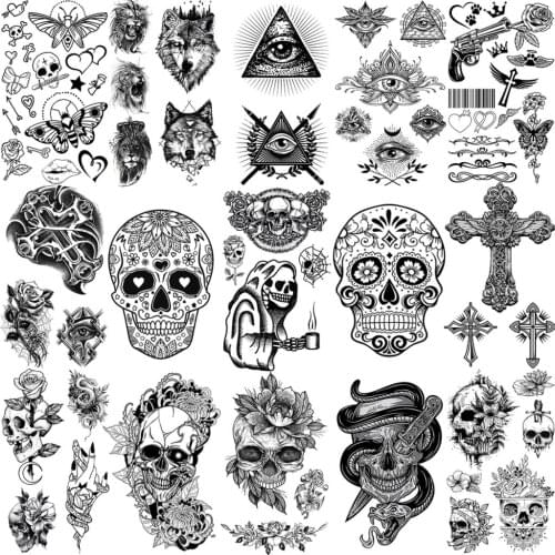 3D Realistic Henna Black Skull Temporary Tattoos For Women Adult Men Cross Wolf Flower Eyes Fake Tattoo Unique Body Art Tatoo