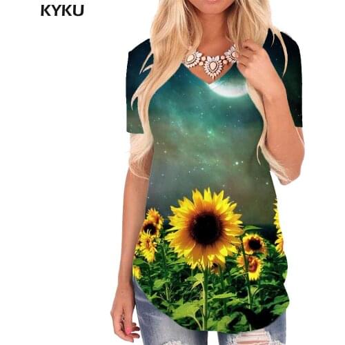 KYKU Sunflower T-shirt women Blue Sky V-neck Tshirt Harajuku T-shirts 3d Womens Clothing Fashion Printed New High Quality
