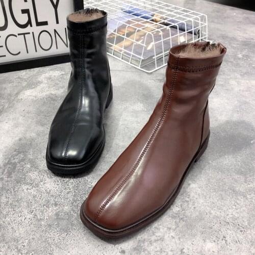 Square head thick heel short boots women 2019 new plus velvet rabbit fur boots flat bottom Martin boots female winter British st