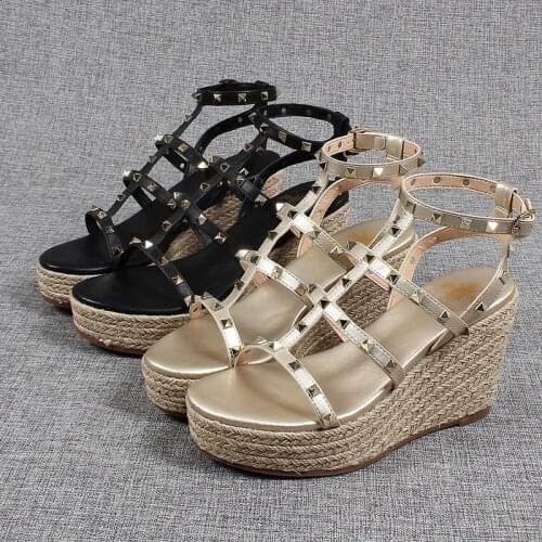 Handmade Sandal Clogs Wedge Fashion Womens Shoes 2020 High Heel Sandals Suit Female Beige Espadrilles Platform Large Size