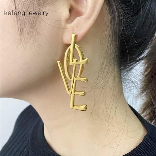 Gold Silver Color Earrings For Women Exaggerated Ethic Boho Large Big Long Leatter Love Earrings Metal Stud Brincos Jewelry
