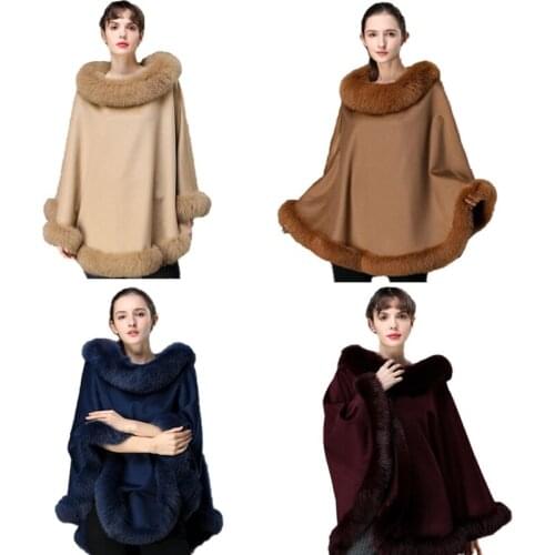 Womens Winter Cashmere and Wool Capes Best Fox Fur Trim Warm Wraps Poncho Party Dinner