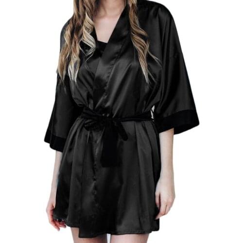 Women Sexy Translucent Sleepwear Set Faux Silk Half Sleeve Short Kimono Bath Robe Solid Color Nightgown With G-String Satin Sash