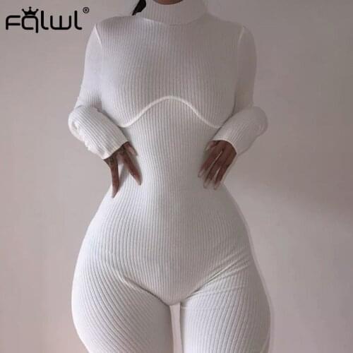 FQLWL Ribbed Knitted Bodycon White Black Summer Jumpsuit Women Shorts Playsuit Long Sleeve Sexy Rompers Womens Jumpsuit Female