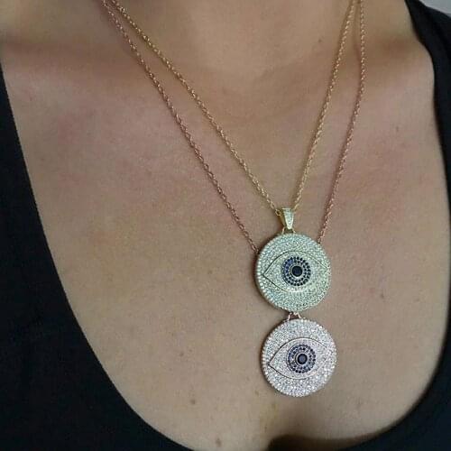 Gold color geometric round evil eye pendant necklace with full sparking CZ stone for women fashion charm Bohemia party jewelry