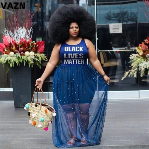 VAZN 2020 Top Quality New Letter Plus Size Patchwork Lace Top Holiday Sexy Young Style Tank Sleeve Women High Waist Maxi Dress