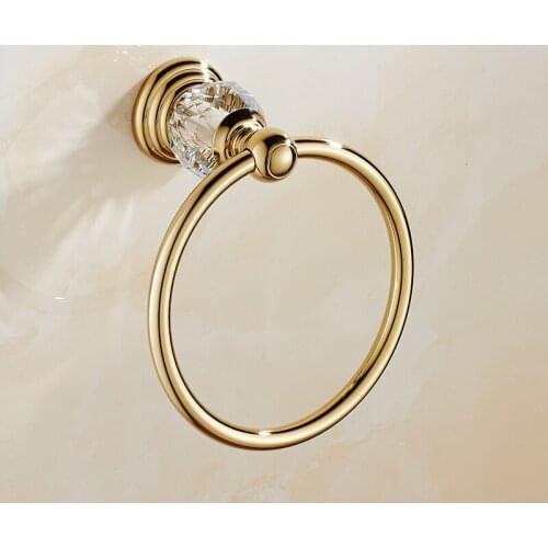 Gold Round Crystal Towel Ring European Style Electroplated Gold Towel Holder Towel Ring Bathroom Wall-Mounted Towel Rings