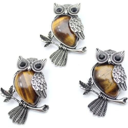 1pcs Vintage Silver Plated Owl Natural tiger eye Stone Brooch For Women Charms Jewelry Brooches Free shipping