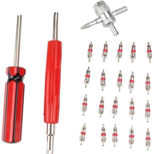 20pcs Schrader Valve Core Dual Single Removers and 4-Way Tire Valve Tool Nickel and Zinc Alloy Plating Practical Repair Kit