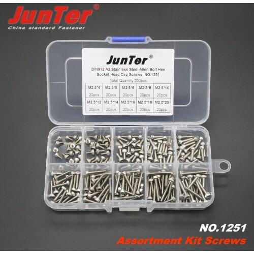 200pcs M2.5 (2.5mm) A2 Stainless Steel DIN912 Allen Bolts Hex Socket Head Cap Screws Assortment Kit NO.1251