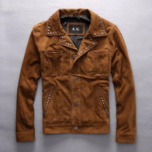 2020 New Mens Brown Nubuck Leather Jacket Rivet Turn-down Collar Genuine Thin Sheepskin Men Winter Casual Coats M-XXXL