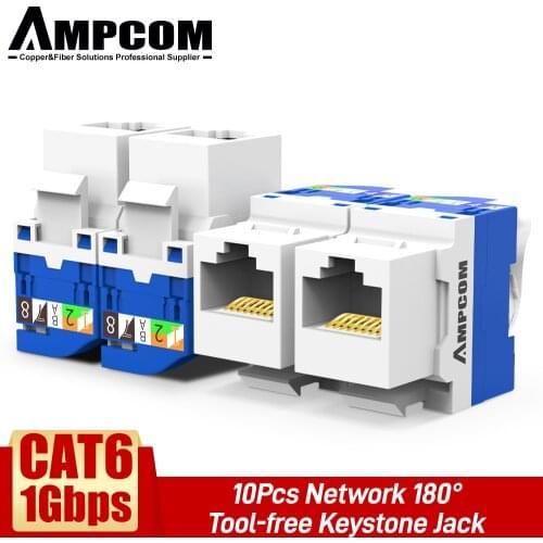 AMPCOM 10-Pack CAT6 RJ45 Tool-Less Keystone Jack, No Punch Down Tool Required UTP Module Connector White
