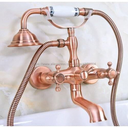 Antique Red Copper Bathtub Mixer Faucet Dual Handle Bath Shower Set with Hand Shower Swivel Tub Spout Nna341
