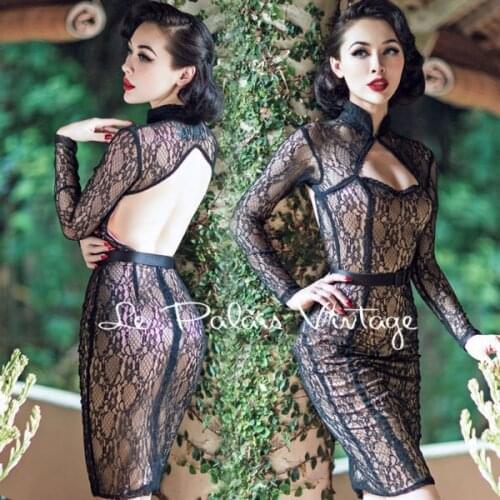 FREE SHIPPING Le Palais Vintage limited edition Retro Black Lace Sexy backless dress tight low cut Perspective dress chi-pao