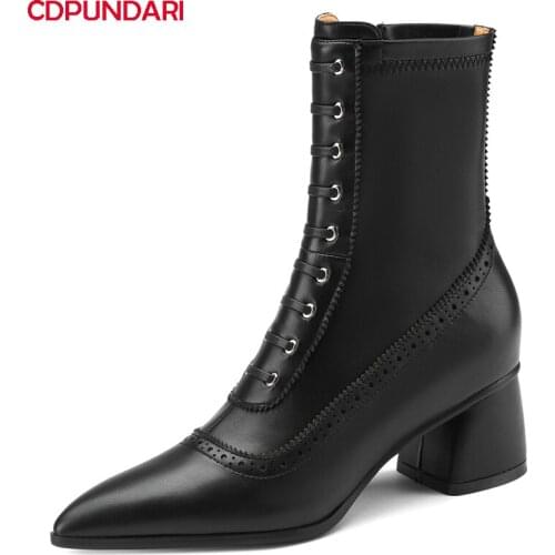 Ladies Brown Black Genuine Leather High Heels Ankle Boots Women Autumn Winter Punk Modern Short Boots Shoes Botines Mujer