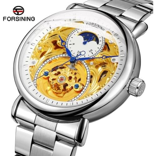 Forsining 2019 White Golden Skeleton Wrist Watches Blue Hands Silver Stainless Steel Men Mechanical Watch Waterproof Design