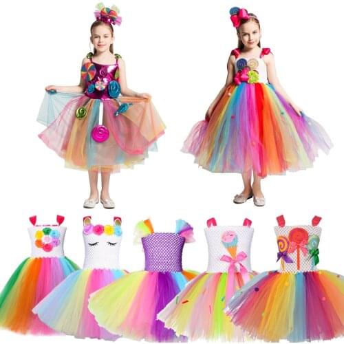 Children Girls Rainbow Tutu Dress Tulle Princess Party Dress Girls Clothes Fancy Dresses Kids Halloween Christmas Costume 2-12Y