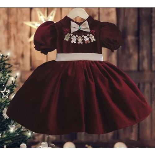 Baby Girl Auntumn Winter Wine Red Velvet Bear Embroidery Vintage Turkish England Princess Ball Gown Dress for Christmas Casual