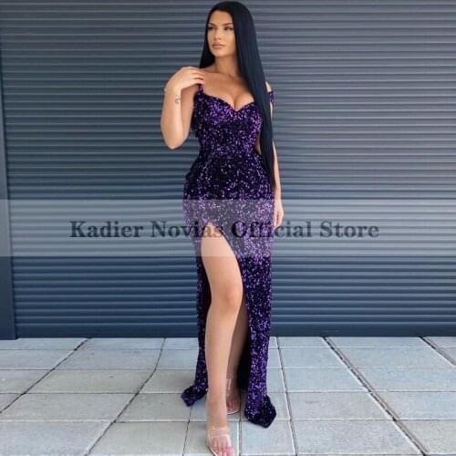 Long Purple Sequin Evening Celebrity Dresses 2021 with Split Prom Dress vestidos de noch fiesta