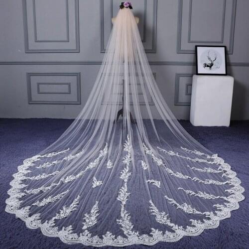 4 Meter Cathedral Veils One Layer Tulle Wedding Veils Long Lace Edge Appliqued Bridal Veil Wedding Accessories Bride Real Photos