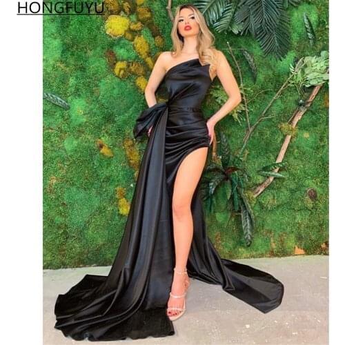 HONGFUYU Sexy Black Long Prom Evening Dresses High Split Strapless Party Formal Gowns Celebrity Dress Court Train فساتين السهرة