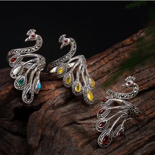 Luxury 100% genuine 925 Sterling Silver Rings For Women Retro vintage peacock S925 silver adjustable open ring jewelry for lady