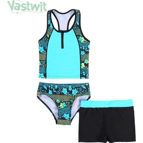 3Pcs Kids Girls Swimwear Sleeveless Floral Print Tops+Shorts Bottoms Summer Girls Tankini Swimsuit Beachwear Bathing Suit Sets