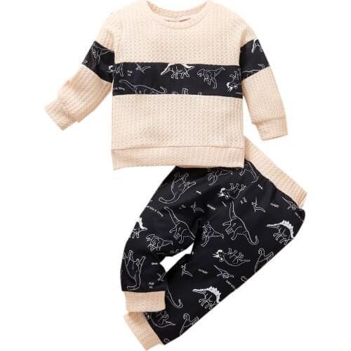 0-24M Infant Kids Boy Spring Tracksuit Stitching Dinosaur Print Long Sleeves Pullover Shirt Pants