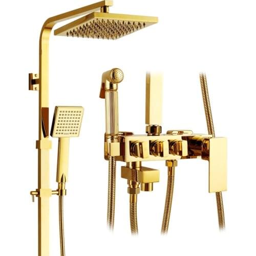 Brass Gold Shower Set Bathroom Rain Shower Set with Mixer Faucet Shower Faucet Thermostatic Shower Faucet Set Wall Mount