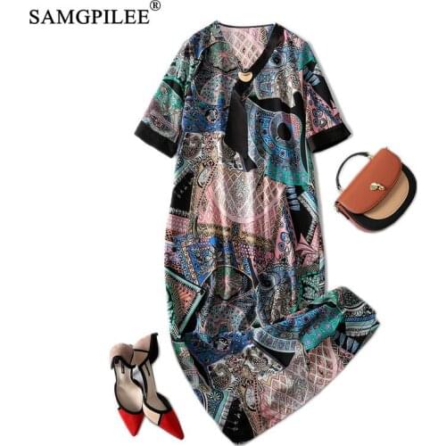 Summer Dress 2021 New Romantic Geometric Floral Pattern V-neck Over-the-knee Korean Style Fashion Short-sleeved Women Dresses