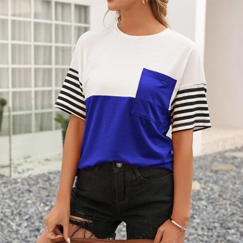 Summer Women Striped Patchwork Short Sleeve T Shirt Casual Loose O-neck Tops Street Fashion Ladies Tee Shirt Femme