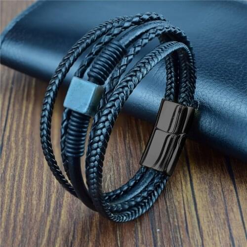 Fashion Charm Mala Leather Bracelet Multi Chakra Stone Beads Black Stainless Mahnetic Clasp Bracelets for Men Punk Jewelry Gift