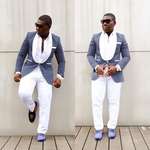 Fashionable One Button Blue Polka Dot Groom Tuxedos Groomsmen Shawl Lapel Mens Suits Blazers (Jacket+Pants+Tie) W:951