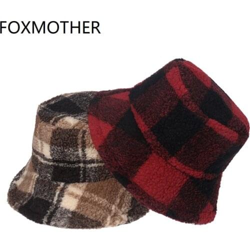 FOXMOTHER Fashion Outdoor Bob Warm Lamb Faux Fur Fluffy Fishing Caps Mens Women Winter Check Tartan Plaid Bucket Hats Ladies