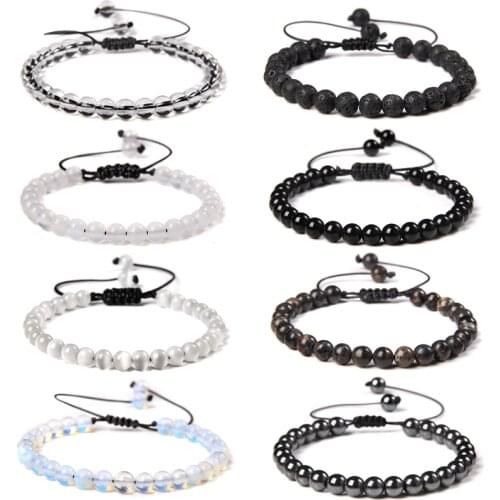 Men Bracelets Black Agat Braid Bangle Adjustable Jewelry 6 mm Opalite White Cat Eye Glass Beads Bracelet Women Vintage Pulsera