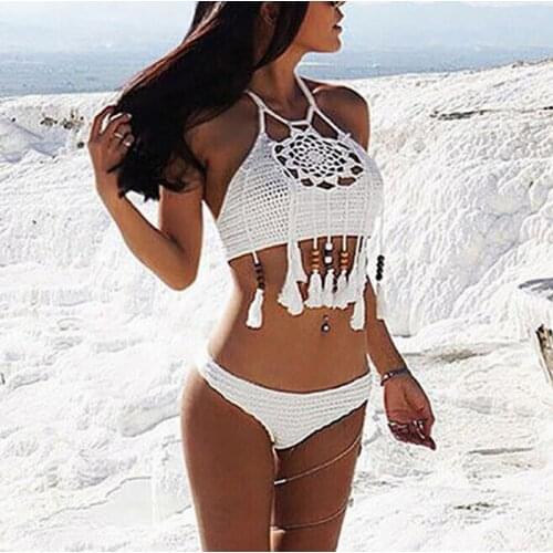H80&S90 New 2019 Hot Sexy Handmade Crochet Bikini Top Women Hollow Out Halter Knitted Tank Beach Wear Chic Tassel Camis To'p