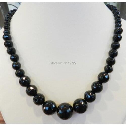 Faceted 6-14mm Black Round Onyx Gems Beads Necklace Natural Stone Women Fashion Jewelry Making Design 18"MY4325 Wholesale Price