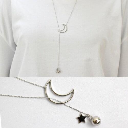 Sterling silver 925 star moon pendants necklaces long chains neck decoration, trending statement necklace for women jewelry