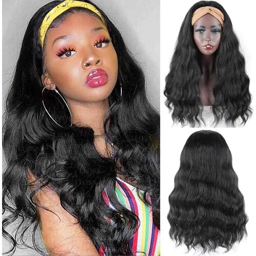 Headband Wigs Long Body Wave Synthetic Black Wig with Headband Glueless Natural Looking Heat Resistant Daily Use 24inch