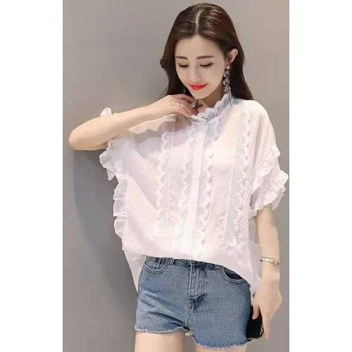 Plus Size 3XL Summer Lace Chiffon Shirts Loose Bat Sleeve Blouses White Blue Women Tops