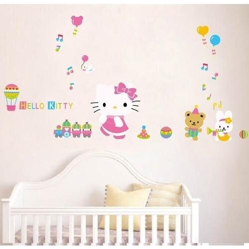 Pink Hello Kitty Printed Kids Room Decoration Wall Decor Pvc Sticker-Pink Cartoon Wall Sicker-Kids Room Wallpaper