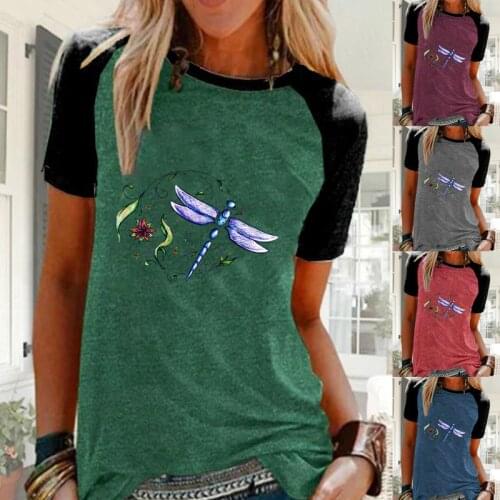 S-5XL Plus Size Womens Summer Fashion Dragonfly Print Short Sleeve Round Neck Blouse Tops Loose Casual Raglan T-shirts