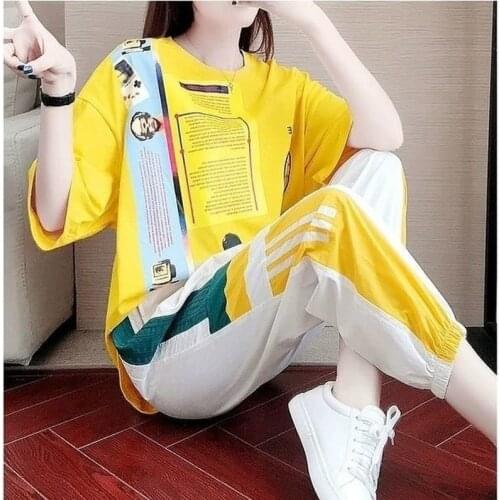 Sports Suit Womens Summer Short-sleeved 2021 New T-shirt Trousers Korean Style Stitching Printing Fashion Casual Two-piece Suit