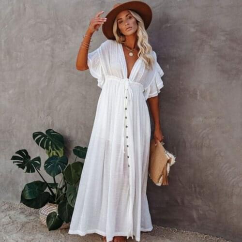 Slubbed Fabric Button Drawstring Dress Cardigan Women Bikini Swimsuit Cover Up Beach Dress Cover-Ups Beachwear