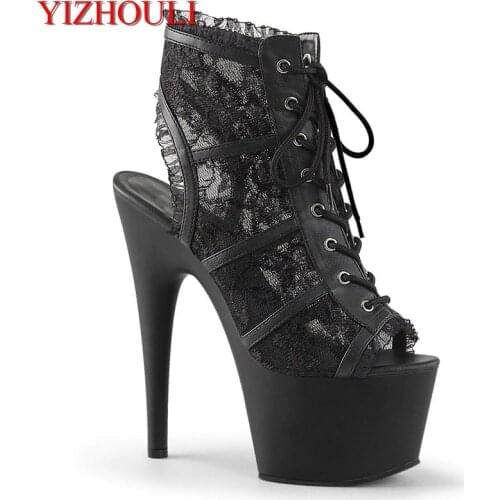 Party pole dance 17 cm high heel ankle boots, net cloth vamp material 7 inches open toe, sexy banquet, dancing shoes