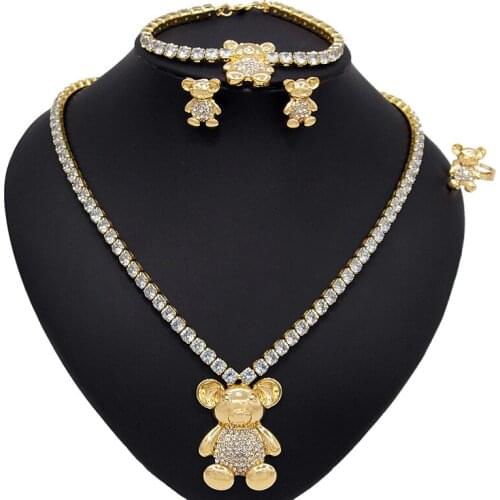 Yulaili Trendy Full Crystal Pendant Teddy Bear Necklace Bracelet Stud Earrings Ring Charm Bridal Jewelry Sets Gift Free Shipping